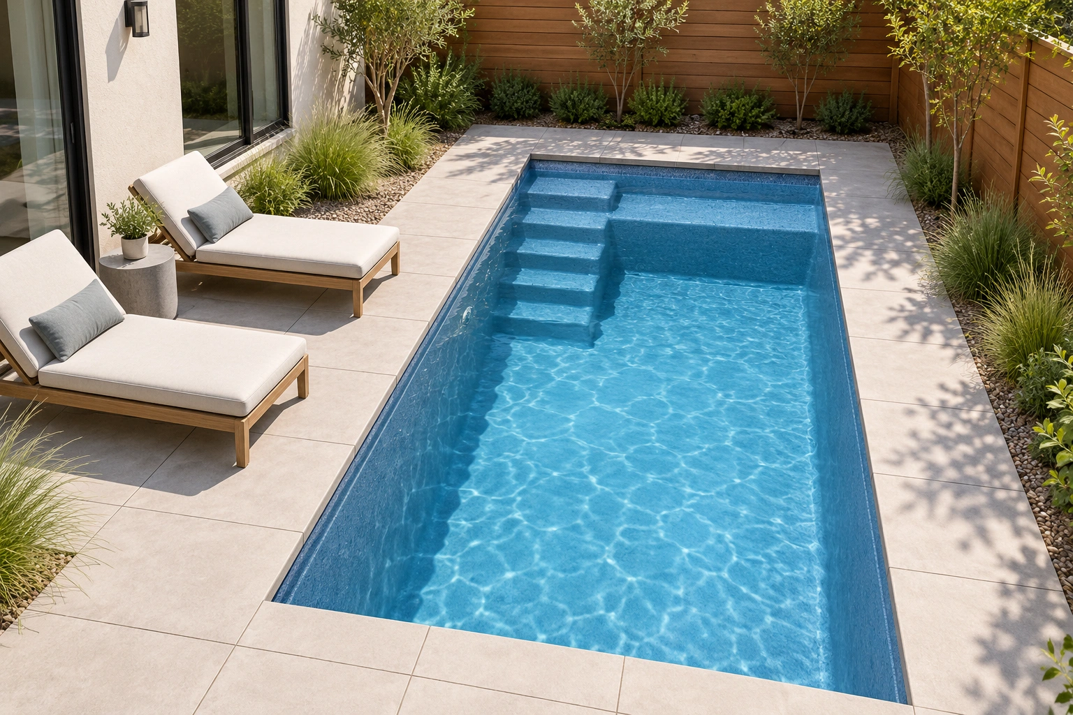 AI-generated Oahu compact pool concept with five corner entry steps joined to a transverse end bench, smooth walls without a safety ledge, and loungers showing its residential scale.