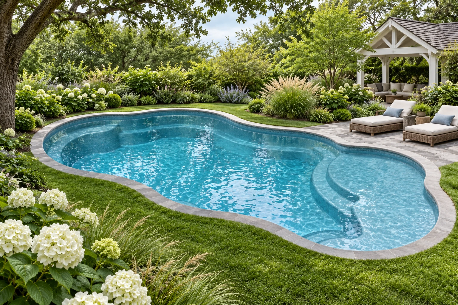 AI-generated Freeform pool concept with curved entry steps, lawn and a garden pavilion.