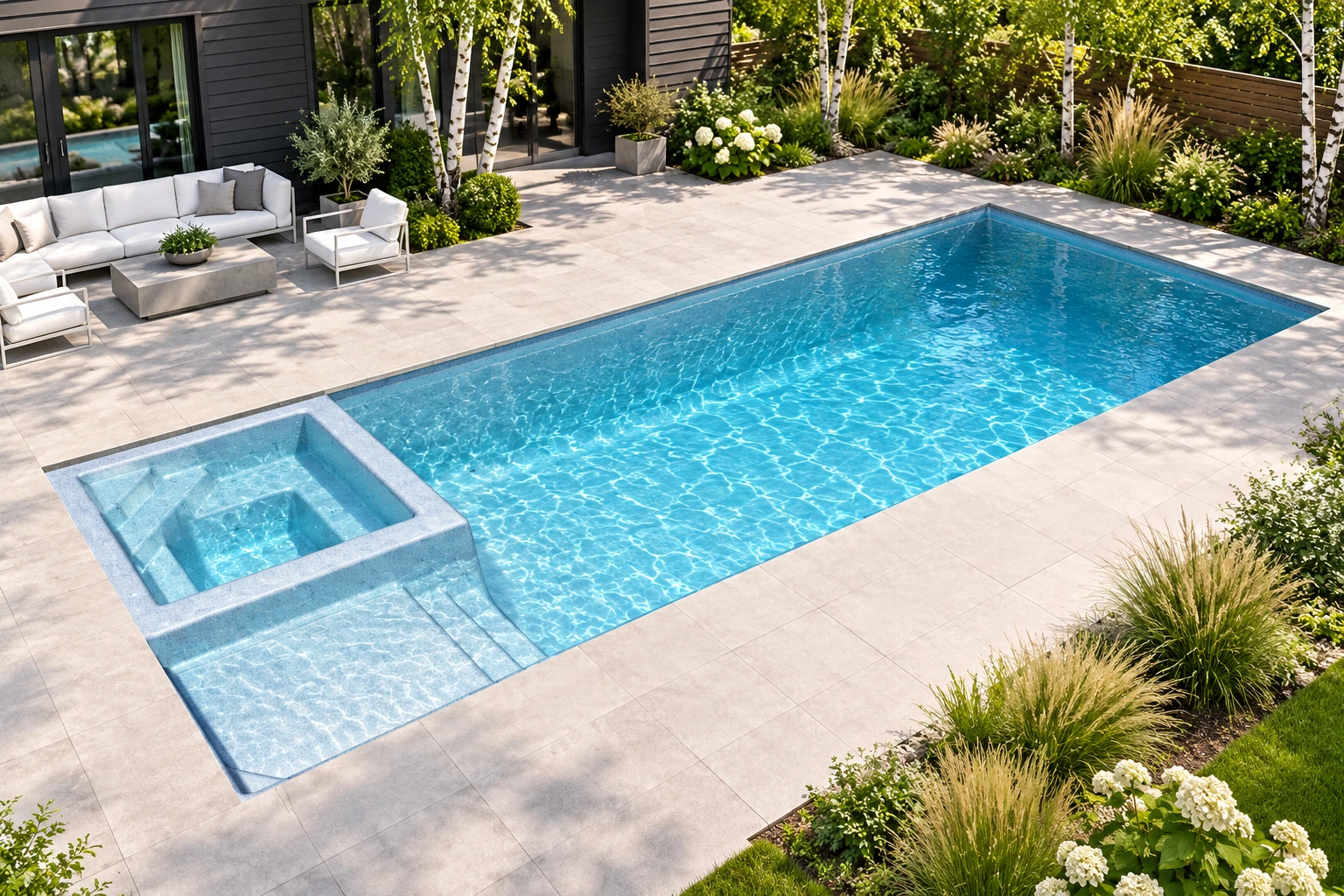 AI-generated Rectangular pool concept with integrated square spa and shallow entry in a contemporary garden.