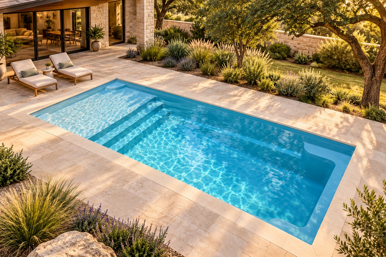 AI-generated Rectangular pool concept with tanning ledge, full-width entry steps and limestone patio.