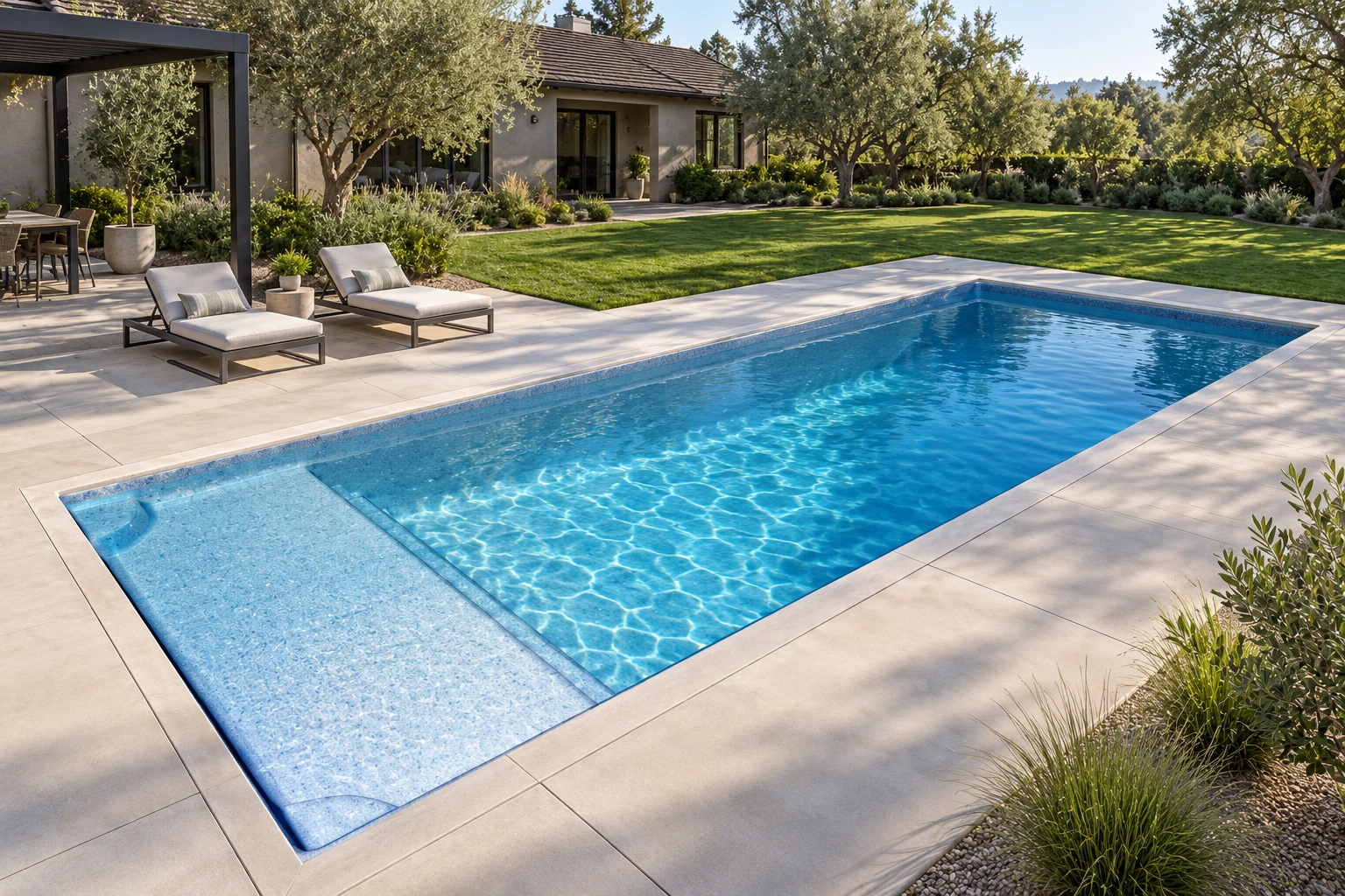 AI-generated Long rectangular pool concept with a broad shallow tanning ledge and open swim area beside a ranch home.