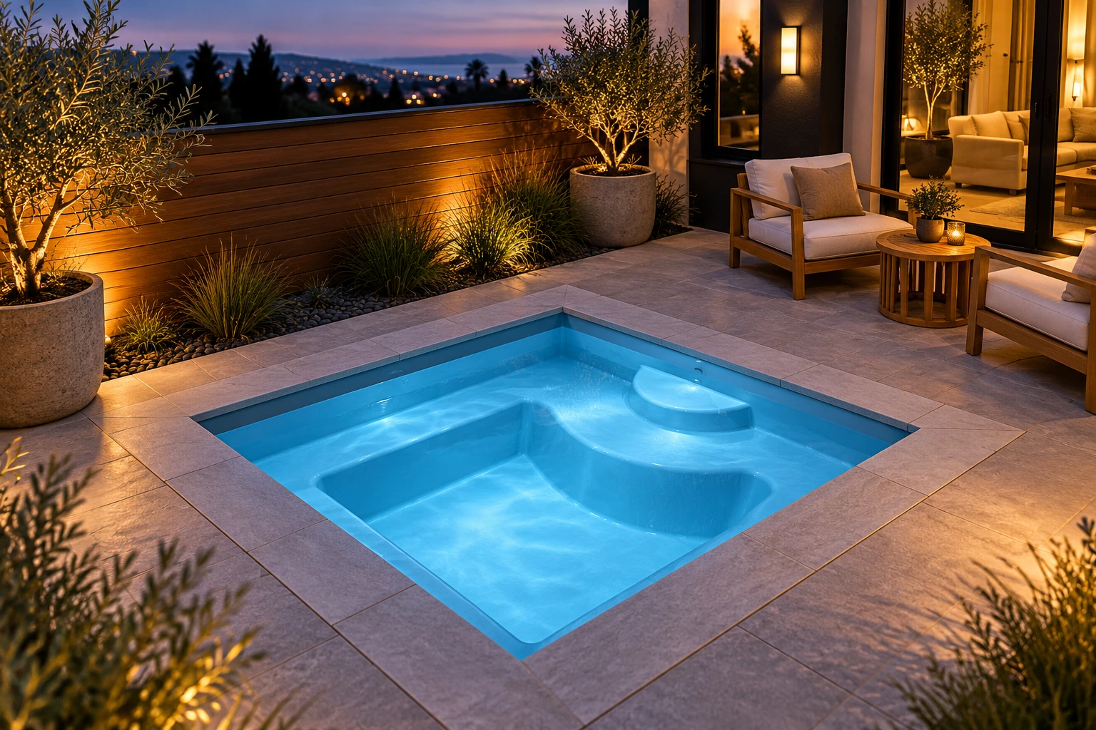AI-generated Near-square inground spa concept with perimeter bench seating and stepped entry on an evening terrace.